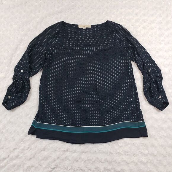 Loft petites size small sheer navy blouse with teal dots and sleeve buttons - Picture 1 of 6